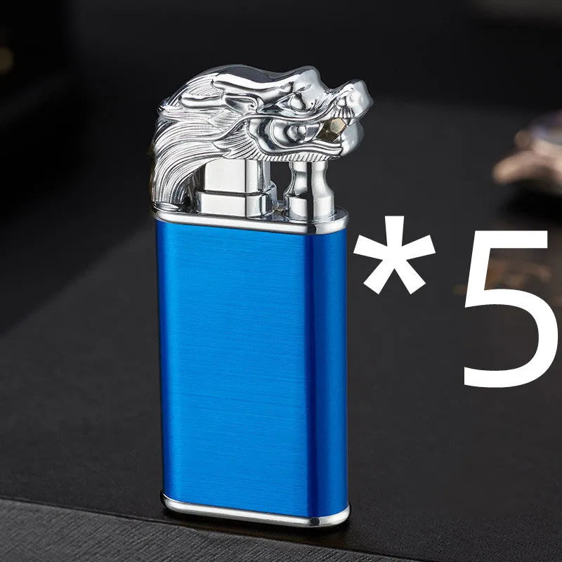Creative blue flame lighter with windproof double fire and novelty dragon design, metal body