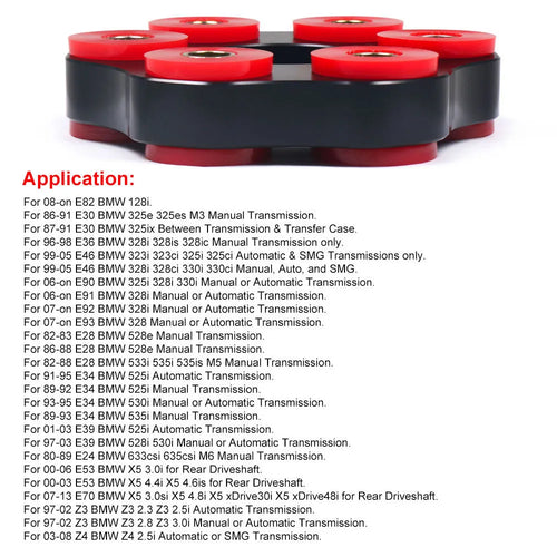 Red polyurethane and aluminium drive shaft centre support bracket for BMW E46, E36, E30, and E28 models.