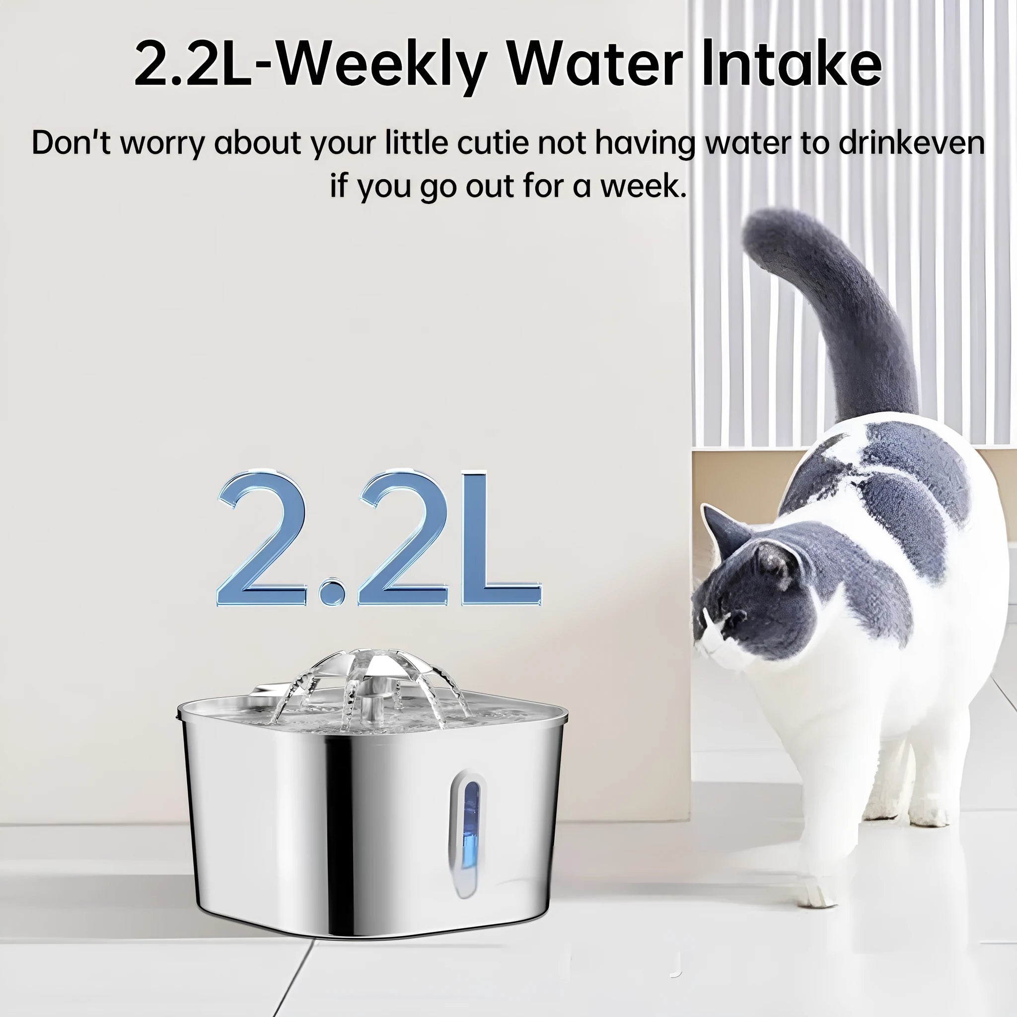 2.2L stainless steel pet water fountain with flower head vertical bar design for dogs and cats