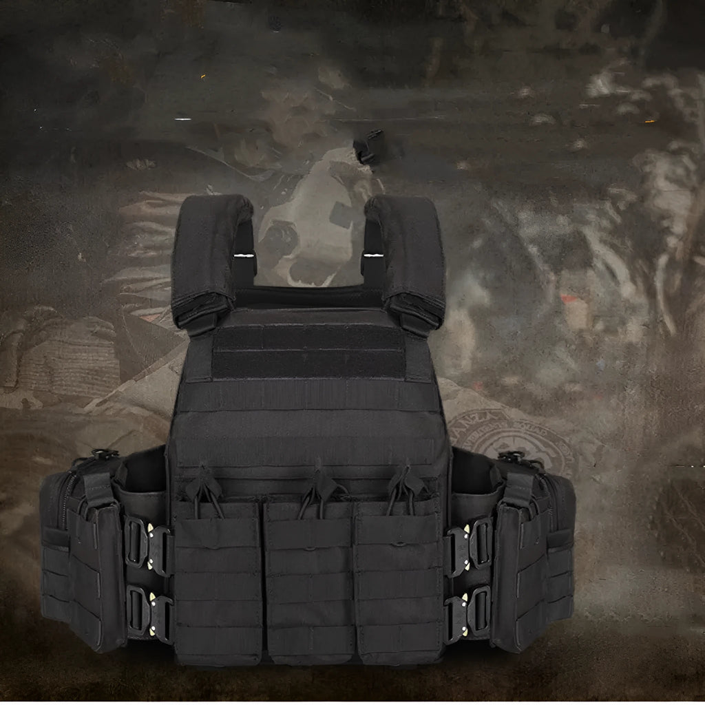 Men's camouflage tactical vest in polyester fabric for outdoor sports.