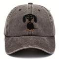 Retro washed blue cotton baseball cap with a white Dachshund embroidery and print on the front.
