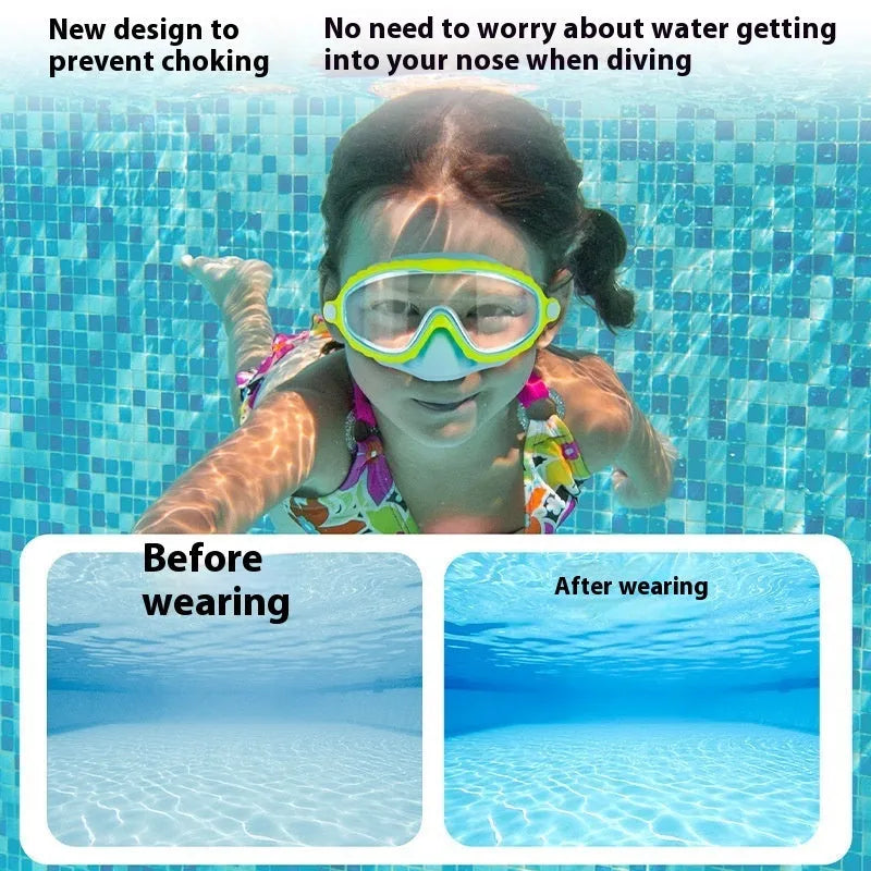 Children's anti-fog swimming goggles with large frame and HD lens in blue pink colour option, boxed