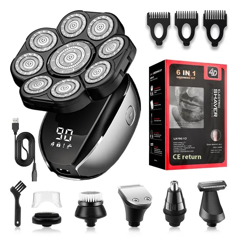 Black rechargeable 6-in-1 hair clipper and grooming kit with multiple attachments laid out.