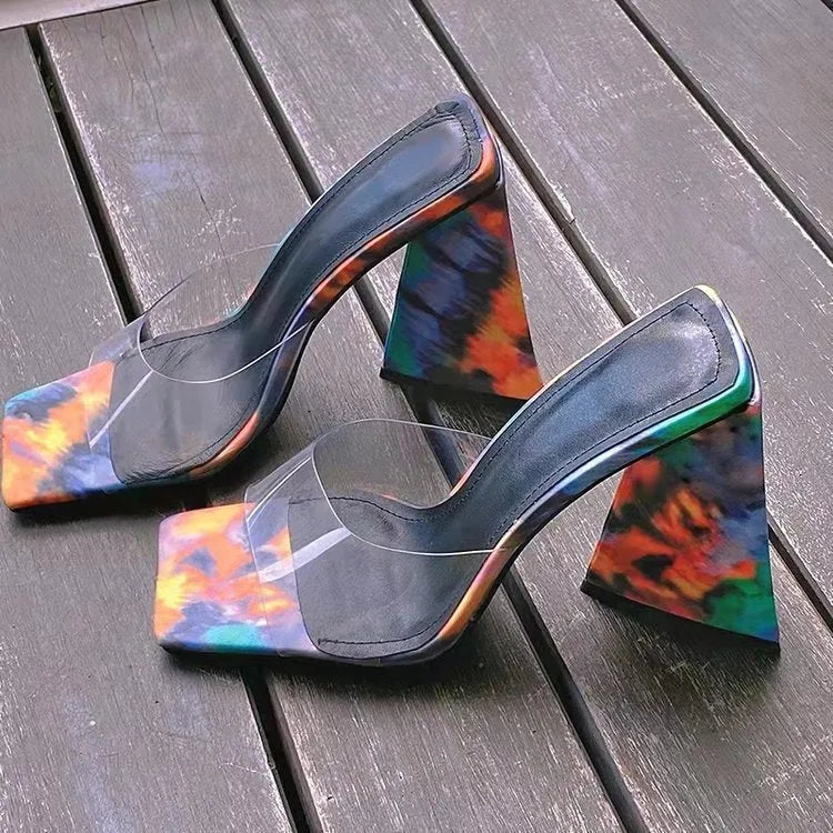 Women's square toe high heel slippers in black, orange, or rose red with triangular heel and rubber sole