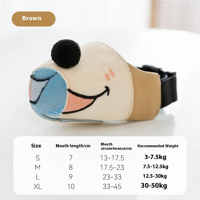 Canvas dog muzzle in Ollie Brown Bear colour, shown next to size chart for S, M, L, XL based on dog weight.