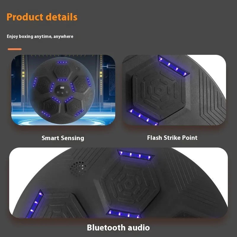 Smart music-reactive boxing punch target mounted on a wall, shown in orange with matching gloves.