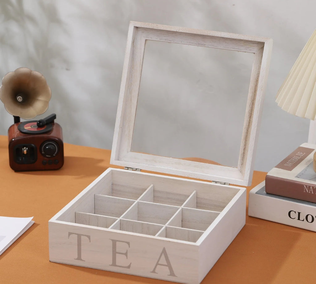 White wooden multi-grid storage box with transparent cover, 23 x 23 x 10 cm, for coffee pods and desktop organisation