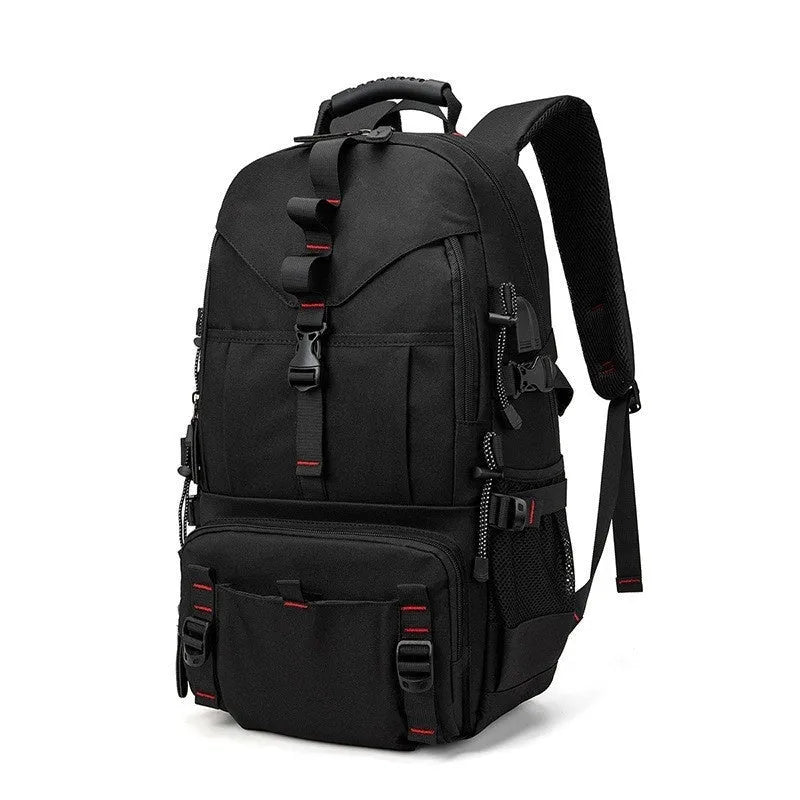 Men's waterproof Oxford cloth hiking backpack showing 56-75L capacity and air pillow belt system in black colour option