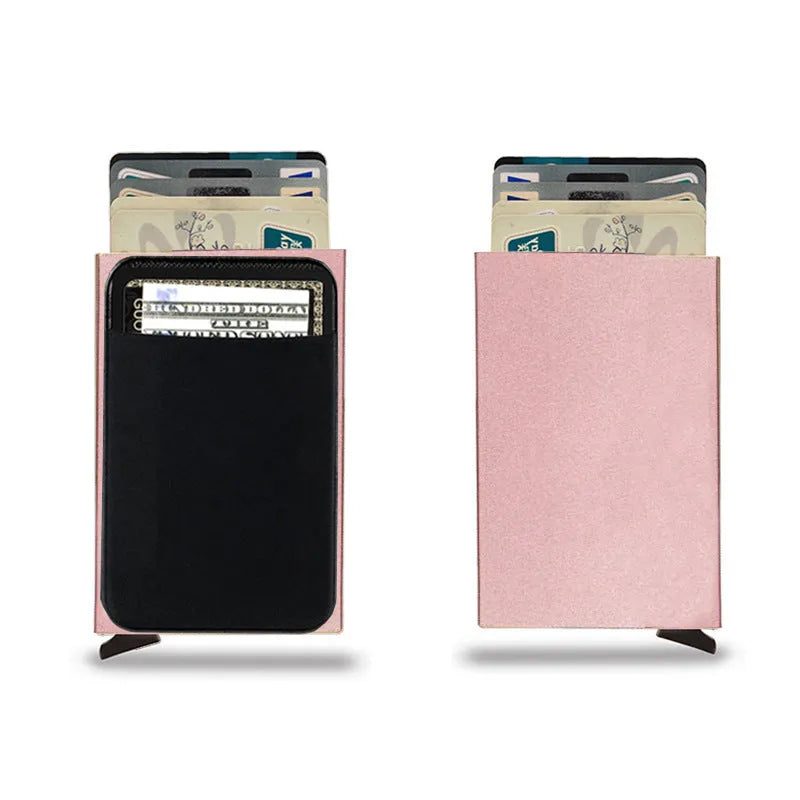 Slim aluminium metal credit card holder in frosted rose gold colour, showing front view.