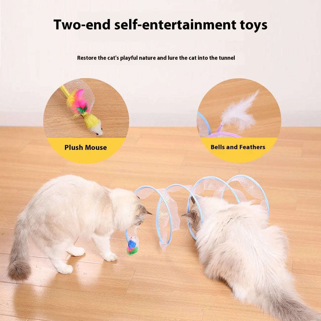 Steel wire frame cat tunnel toy with elastic net material and feather attachments for interactive pet play