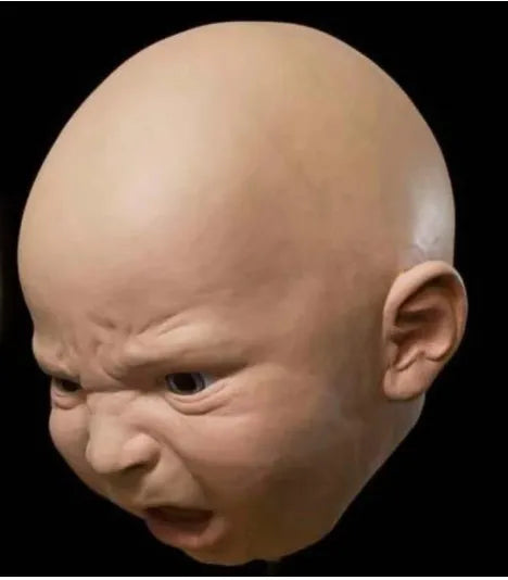 Latex baby face mask in angry, crying, or smiling doll style, 26cm x 26cm, for Halloween parties.