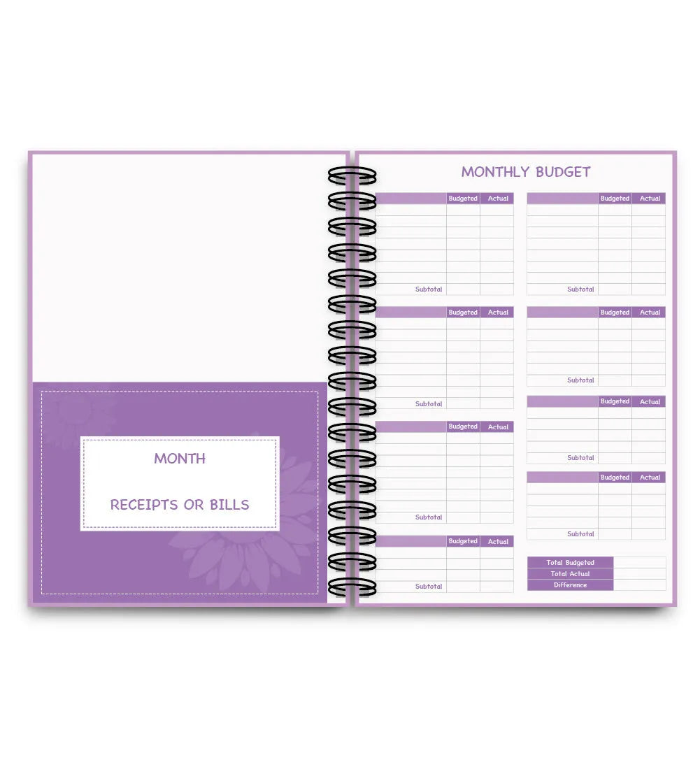 Purple A4 coil notebook for financial planning with stickers, pen, and paper clips