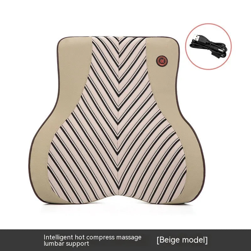 Black and red electric car massage headrest and lumbar support cushion with leather mesh fabric.