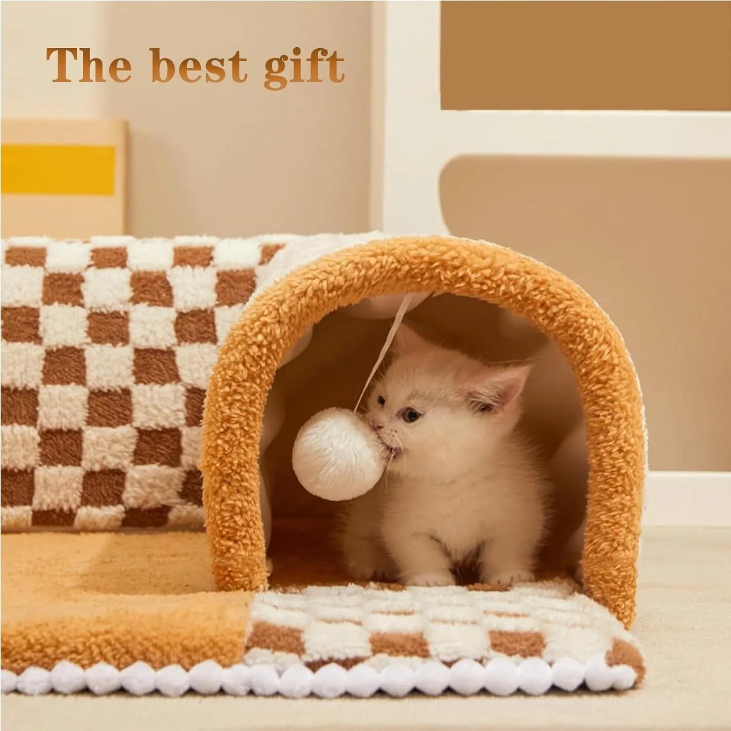 Plush plaid cat tunnel bed with non-slip bottom and central mat for indoor cats
