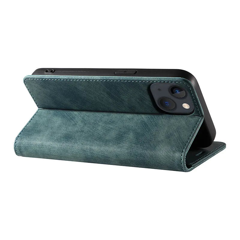 Magnetic flip leather phone case for iPhone shown closed, displaying the lake green colour and secure front flap.