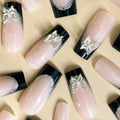 Black French style wear armor nail art set with thin glittering butterfly pattern for cosmetic applications