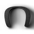 Black neck-mounted stereo wireless Bluetooth speaker with USB charging cable on neutral background