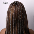 Gold electroplated rhinestone mesh headband with dangling tassel decorative elements