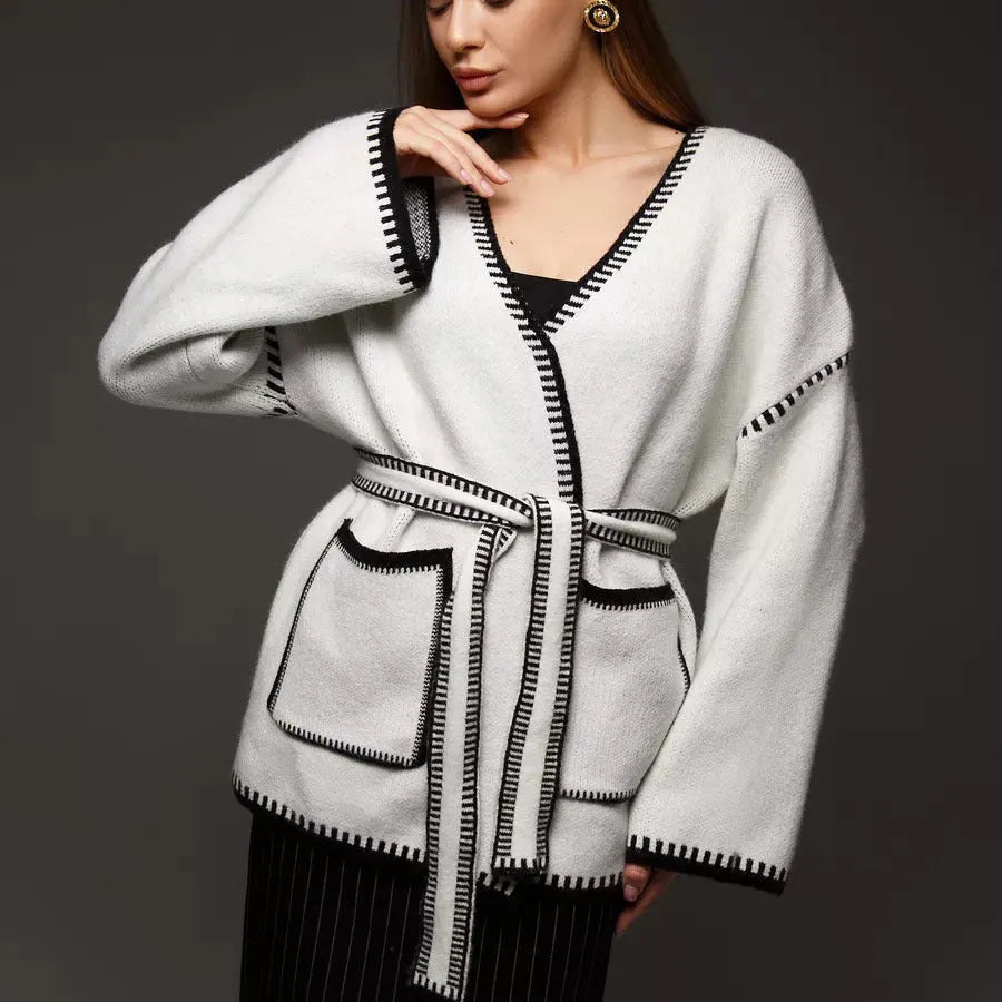 Lace-up front knitted cardigan in imitation cashmere fabric available in black, camel and white colours