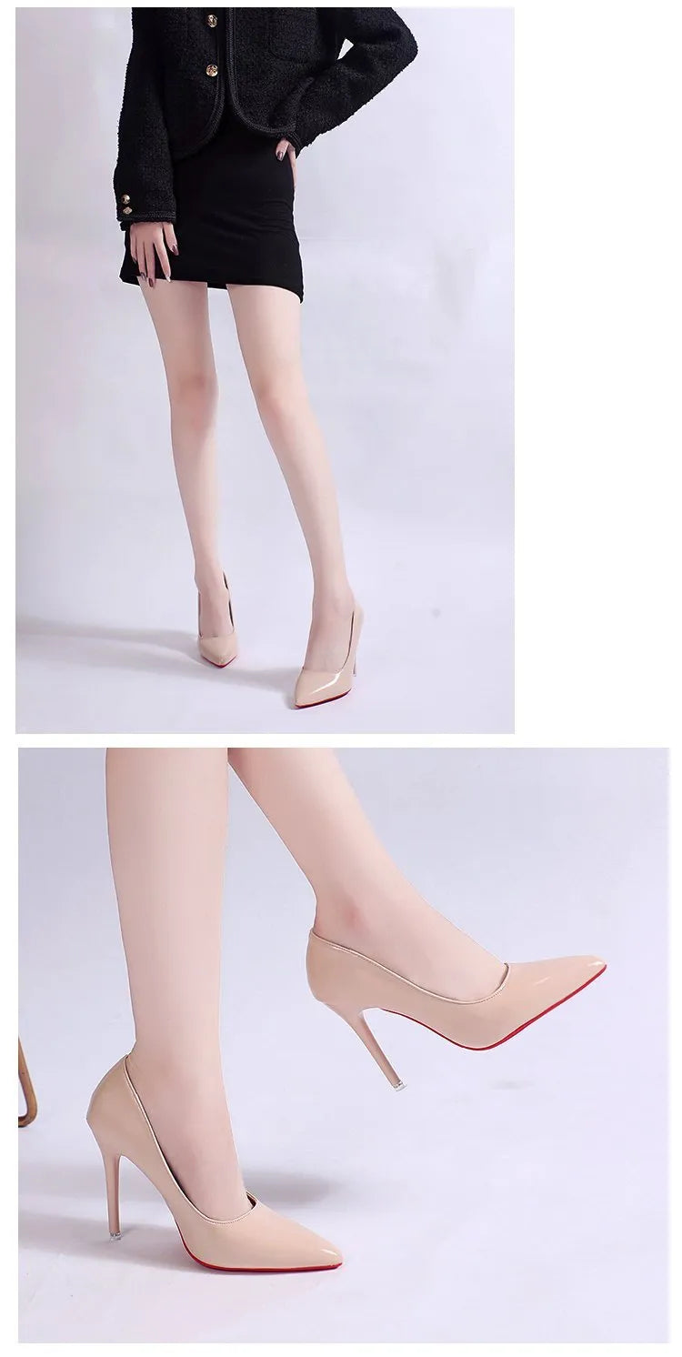 Women's pointed toe stiletto pump in a solid colour, showing the shallow mouth and high heel.