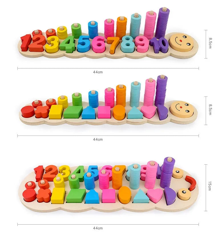 Early childhood education wooden logarithmic board with numbers, geometric figures, and colourful beads