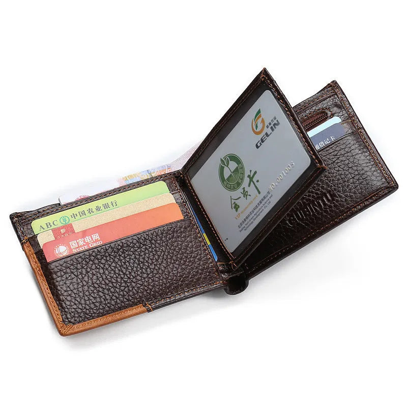 Men's brown cowhide leather wallet with contrast stitching, shown open to reveal card slots and a zippered coin compartment.
