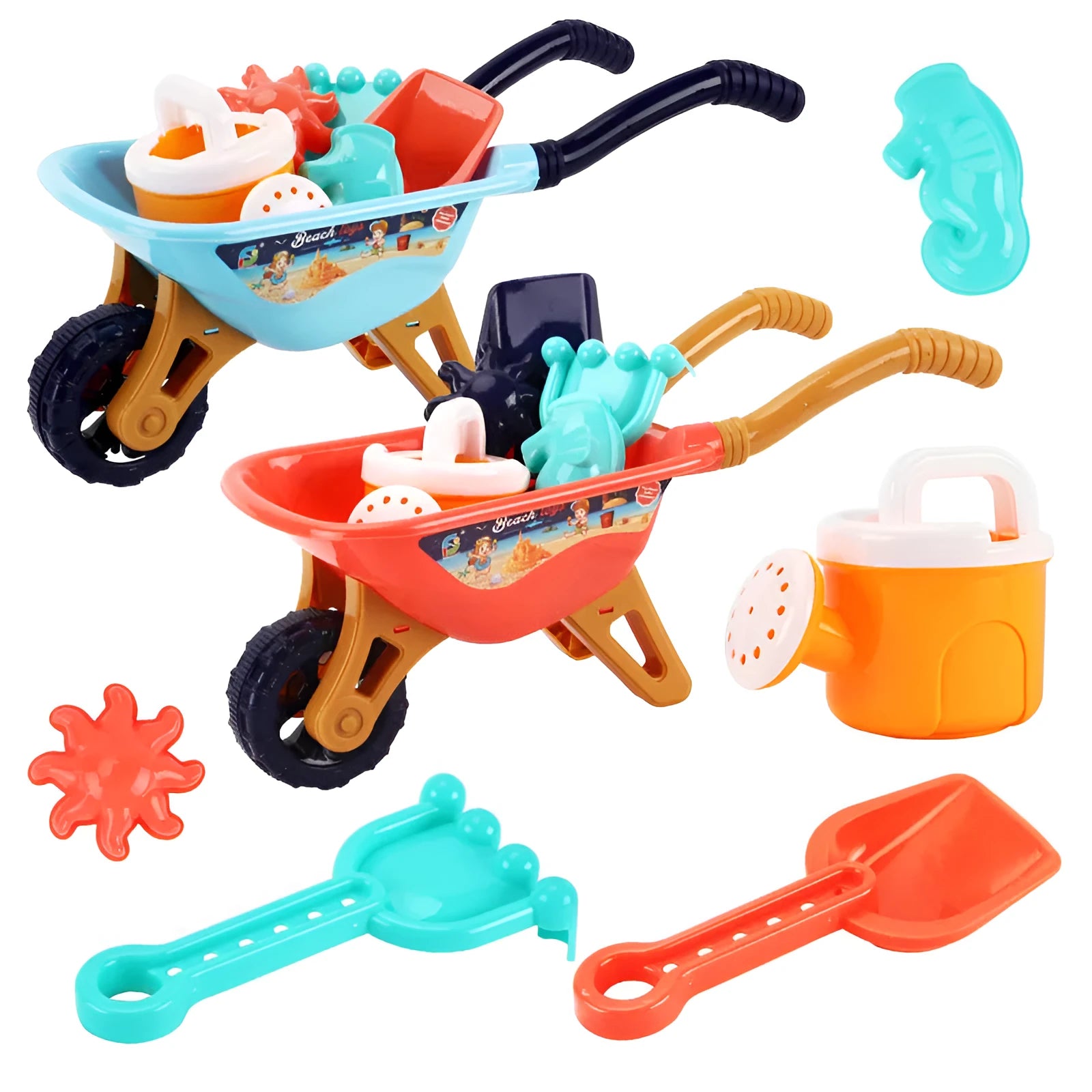 Large plastic beach toy stroller set with 6 pieces including a trolley, available in blue or red