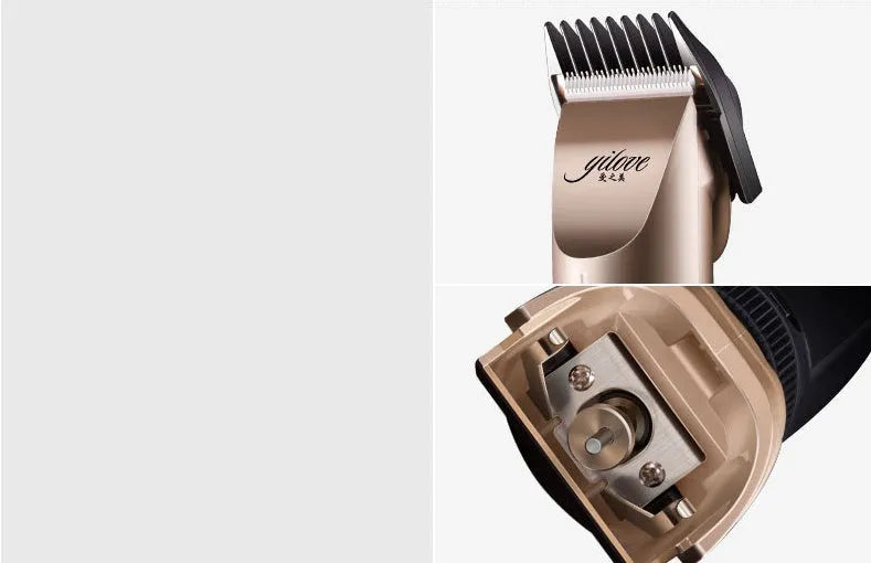 Dog shaver with titanium ceramic blade, rechargeable lithium battery, guide combs, and charger on a white background