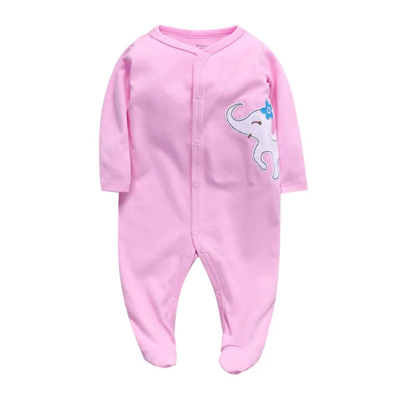 Soft cotton baby one-piece bodysuit in blue and green dinosaur print, size 6M, front view on white background
