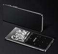 Silver portable MP3 player with a 2.4-inch touch screen showing music playlist, placed next to wireless headphones.
