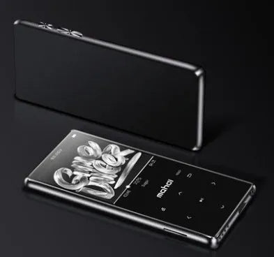 Portable black MP3 MP4 player with 2.4-inch touch screen showing music interface, placed next to wireless headphones.