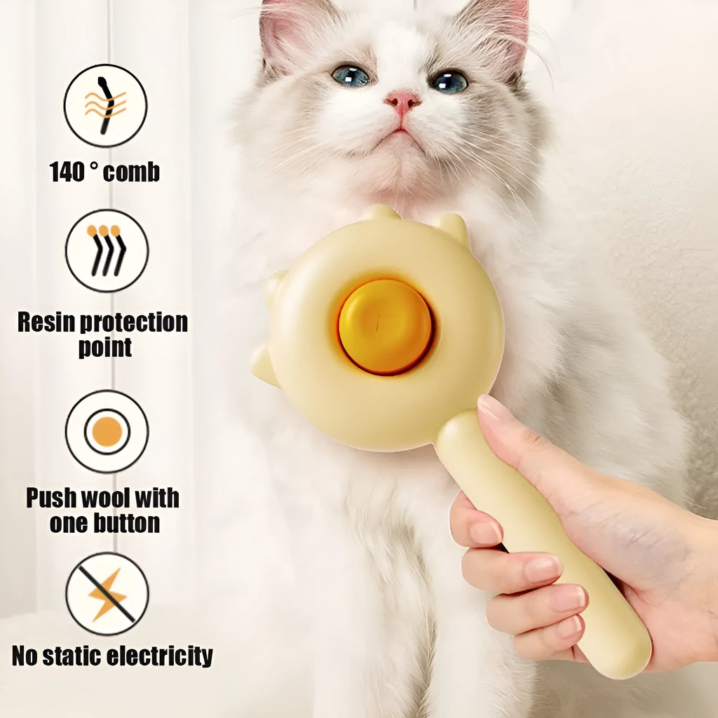 Pet hair cleaner brush with release button and curved needles for cats and dogs, round ABS handle in Green, Purple or Yellow