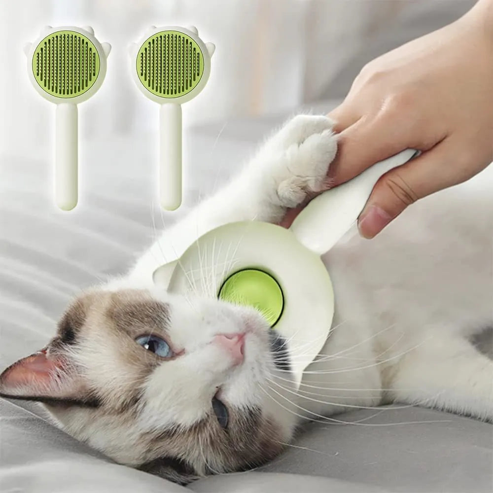 Pet hair cleaner brush with release button and curved needles for cats and dogs, round ABS handle in Green, Purple or Yellow