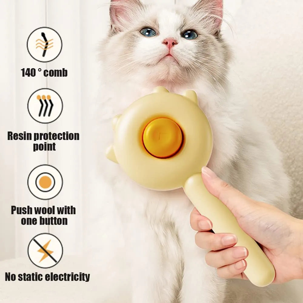 Pet hair cleaner brush with release button and curved needles for cats and dogs, round ABS handle in Green, Purple or Yellow