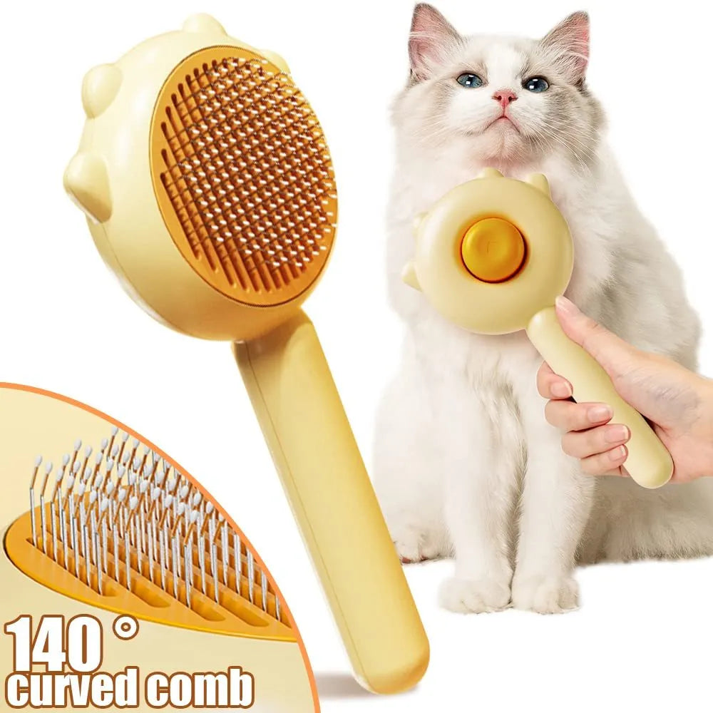 Pet hair cleaner brush with release button and curved needles for cats and dogs, round ABS handle in Green, Purple or Yellow