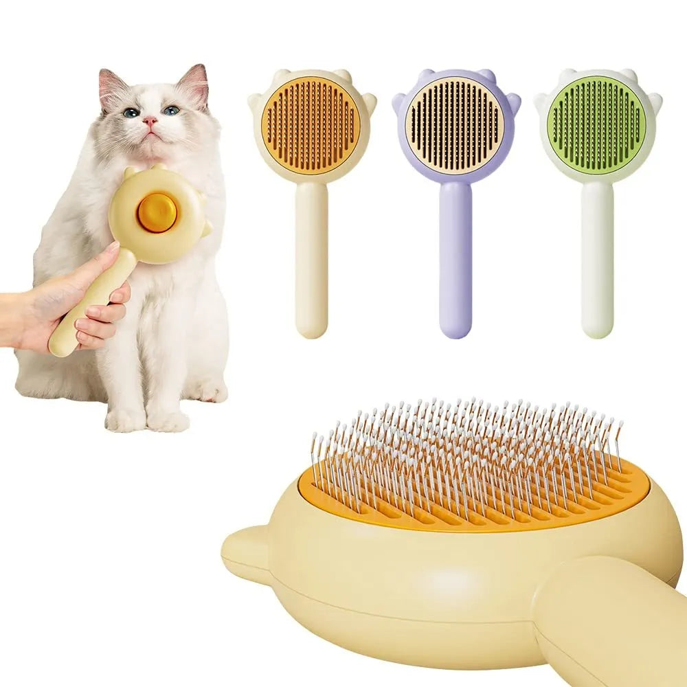 Pet hair cleaner brush with release button and curved needles for cats and dogs, round ABS handle in Green, Purple or Yellow