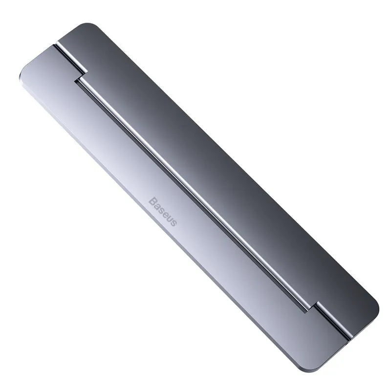 Invisible paste foldable computer stand in grey aluminum alloy, 227mm long, 3mm thick, folded flat on desk
