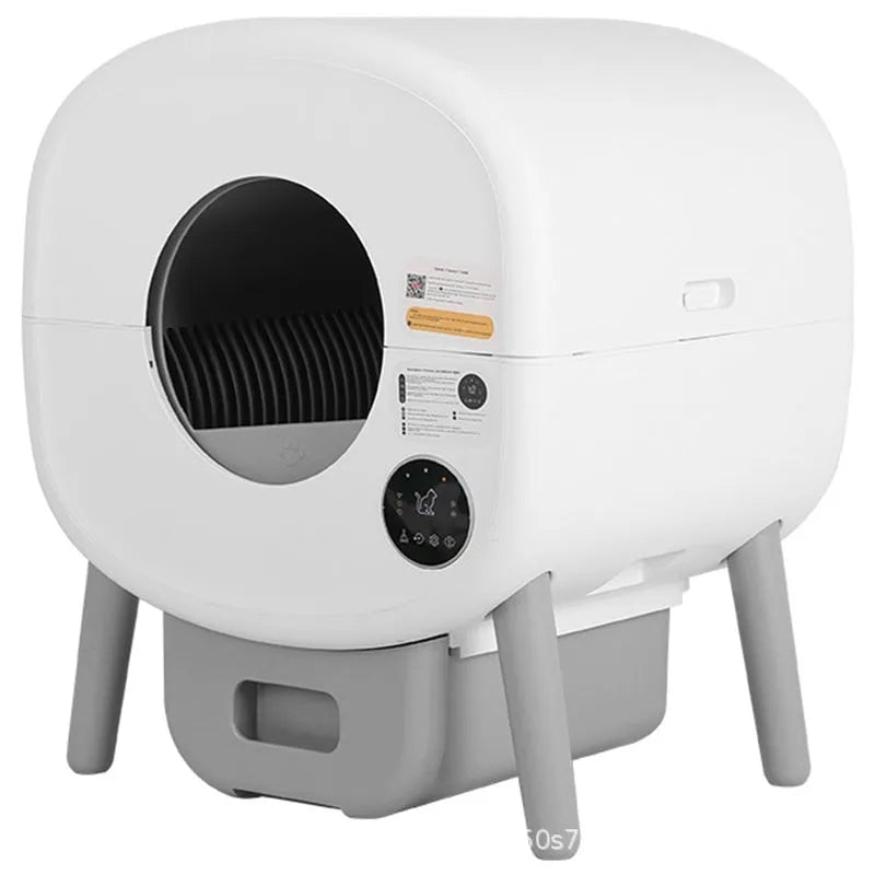 Automatic self-cleaning white cat litter box with large interior and sealed waste drawer compartment.