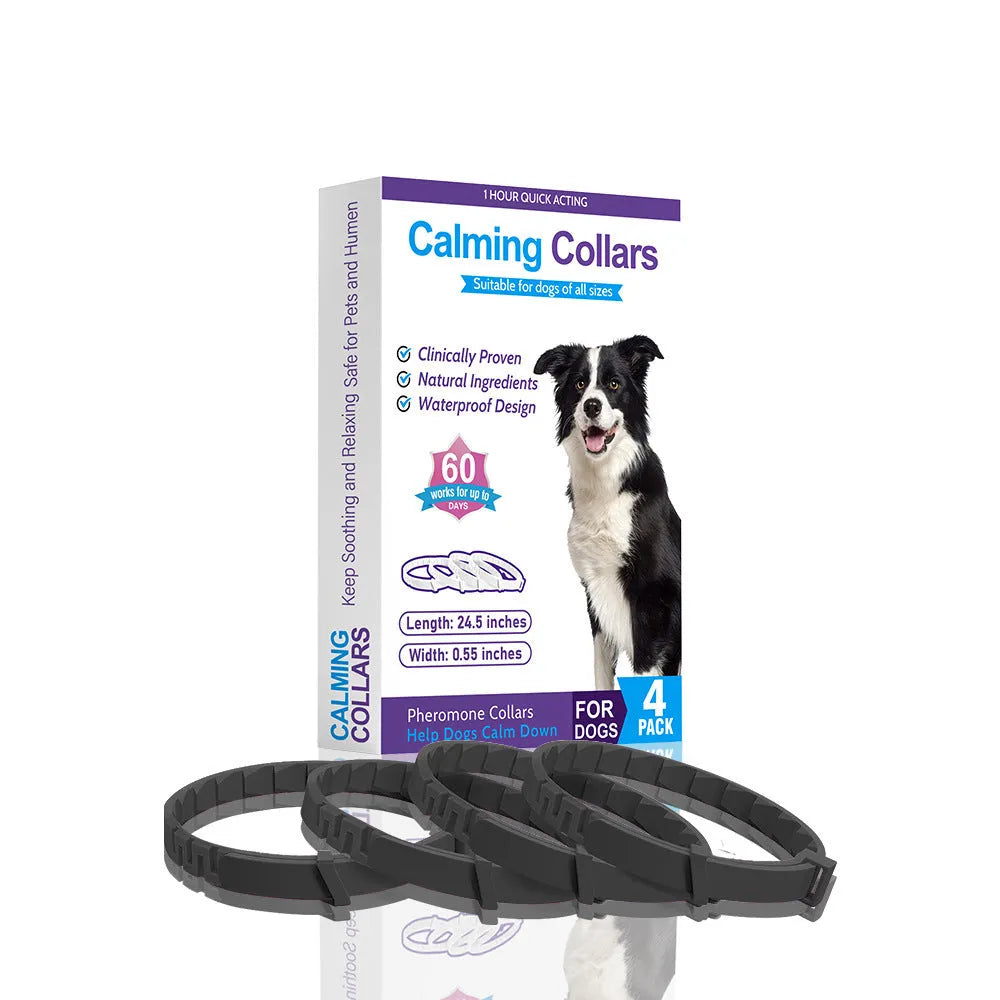 Four monochrome dog calming collars in assorted colours, adjustable up to 62cm for anxiety relief.
