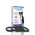 Four monochrome dog calming collars in assorted colours, adjustable up to 62cm for anxiety relief.