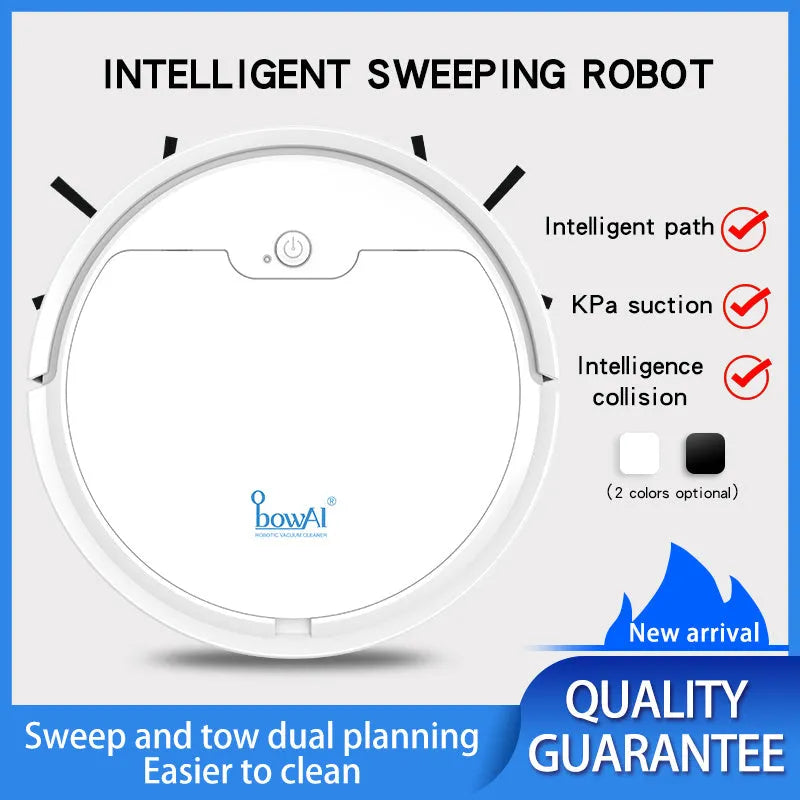 Black robot vacuum cleaner with slim 6.8cm profile on a hard floor, 1500Pa suction