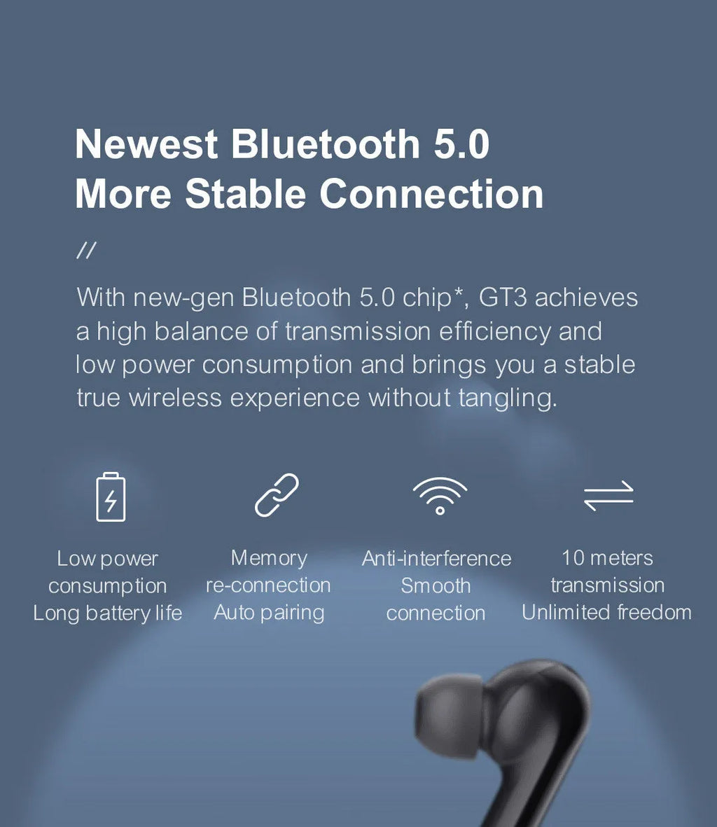 GT3 true wireless Bluetooth in-ear sports headphones in Black with charging box and Type-C cable