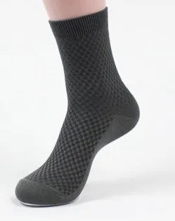 Men's bamboo fibre business socks in a small square pattern, shown in silver grey colour.