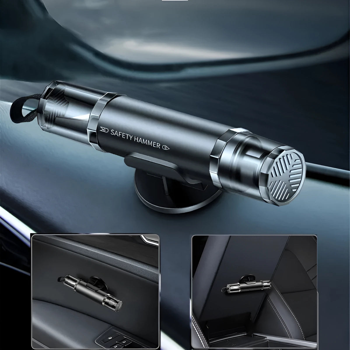Black and red car emergency window breaker and seat belt cutter tool with mounting base.