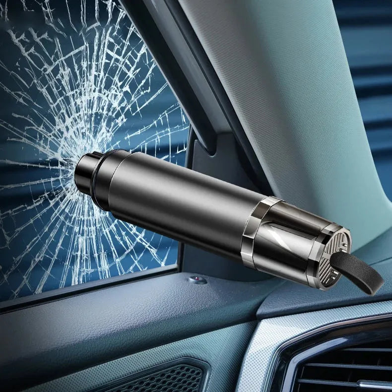 Black and red car emergency window breaker and seat belt cutter tool with mounting base.