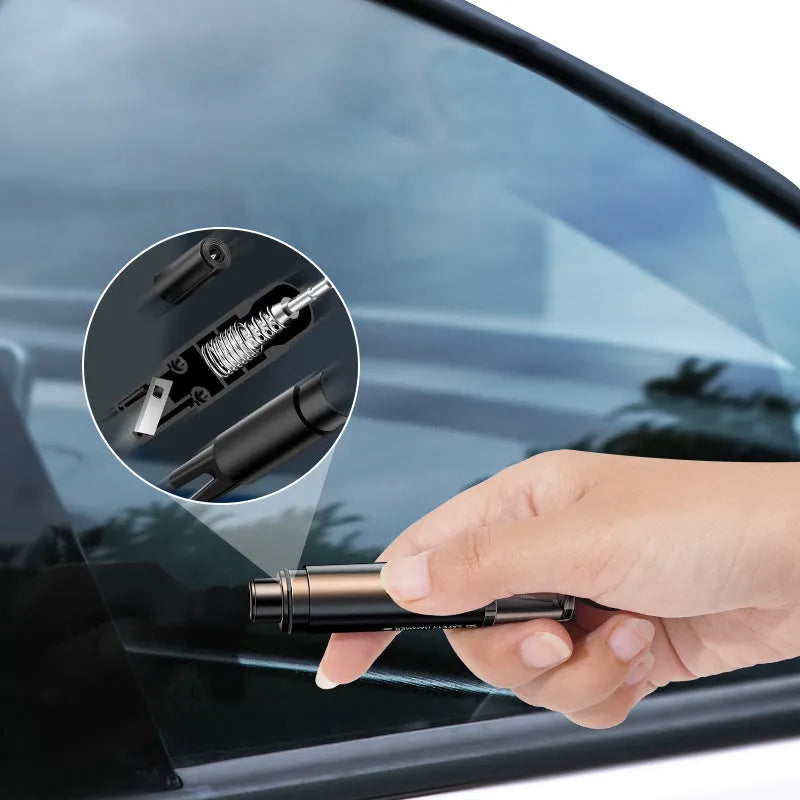 Black and red car emergency window breaker and seat belt cutter tool with mounting base.