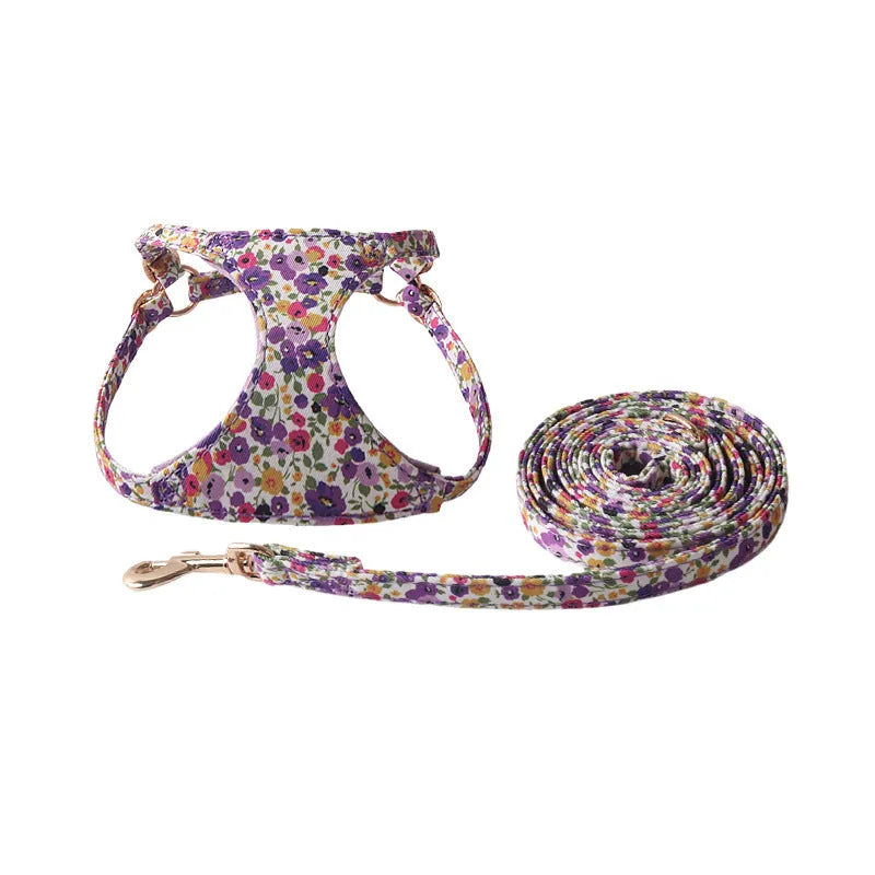 Floral pattern pet harness with matching leash in cloth material showing colour options and single chest back design