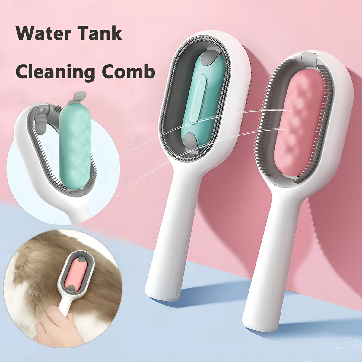 4-in-1 cat grooming brush with water tank, ABS teeth and silicone pad, blue or pink, 190mm