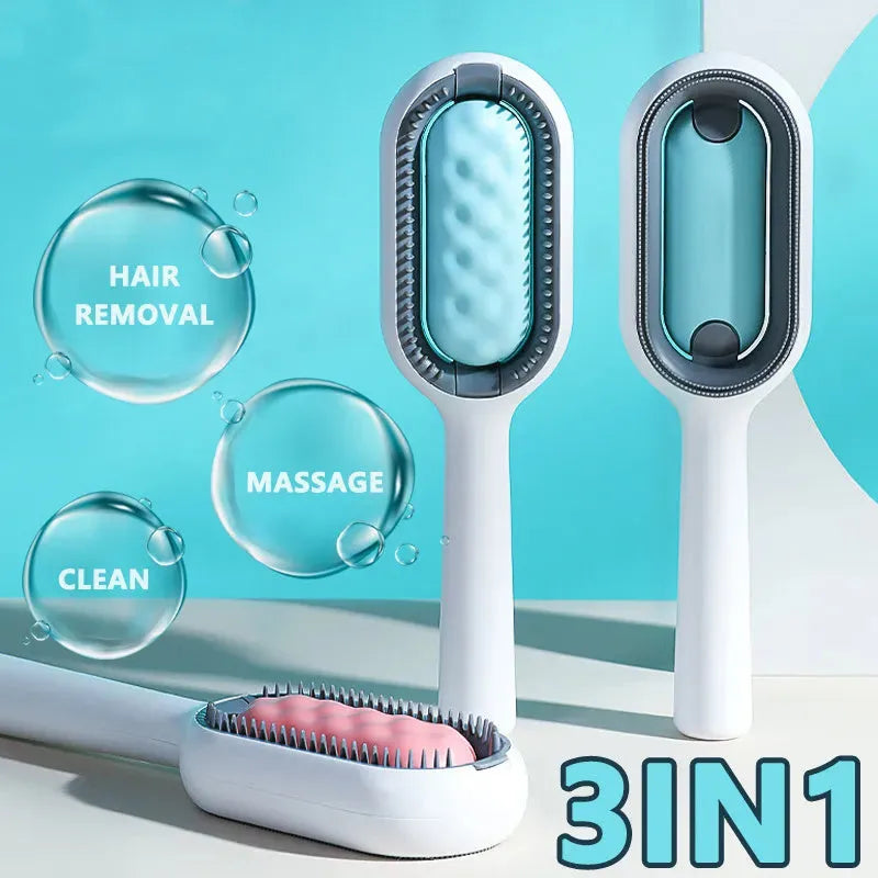 4-in-1 cat grooming brush with water tank, ABS teeth and silicone pad, blue or pink, 190mm