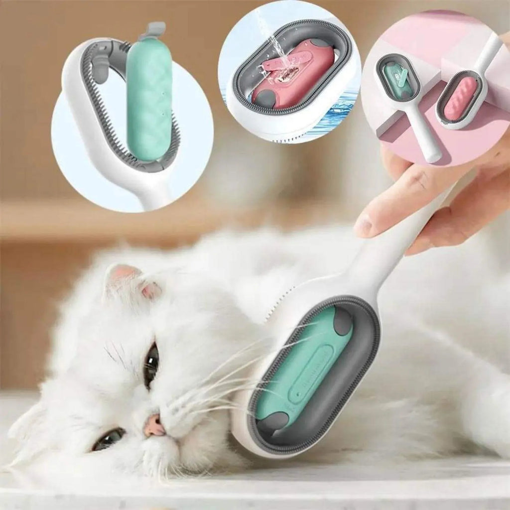 4-in-1 cat grooming brush with water tank, ABS teeth and silicone pad, blue or pink, 190mm